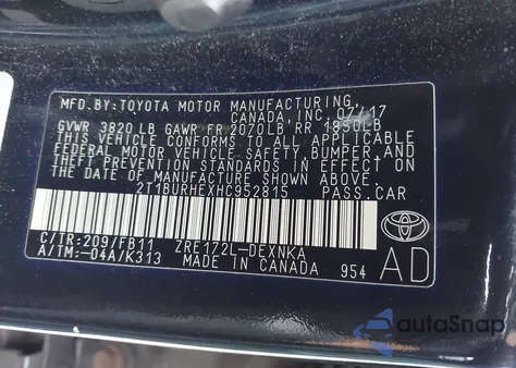 2017 Toyota Corolla Le из США, поврежденный, VIN 2T1BURHEXHC952815